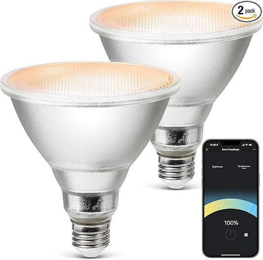 Geeni LUX Smart Floodlight, White – Outdoor 2700K-6500K Dimmable LED Bulb, E26, PAR38, 11W, 1000 Lumens – No Hub Needed - Compatible with Alexa, Google Home, Requires 2.4 GHz WiFi, 2 Pack