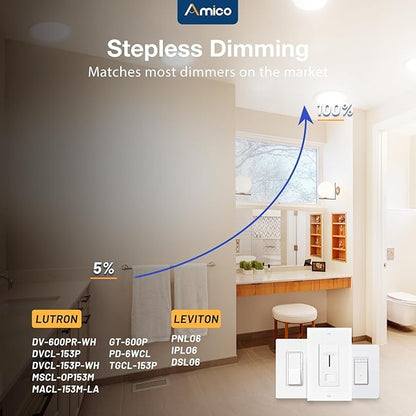 Amico 6 Pack 8 Inch 5CCT Ultra-Thin LED Recessed Ceiling Light with Junction Box, 2700K/3000K/3500K/4000K/5000K Selectable, 18W Eqv 125W 1600LM Brightness Dimmable Canless Wafer Downlight, ETL