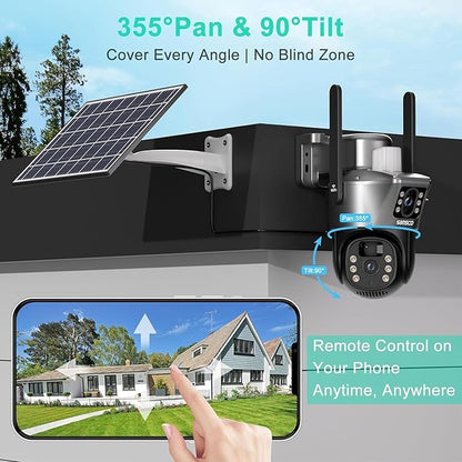 SANSCO 2K Dual Lens Solar Security Camera Wireless Outdoor, No Wires Needed, 2.4G & 5G WiFi, 360° PTZ Home Security Camera, Spotlight Color Night Vision, 2-Way Audio, PIR Motion Detection (4 Pack)