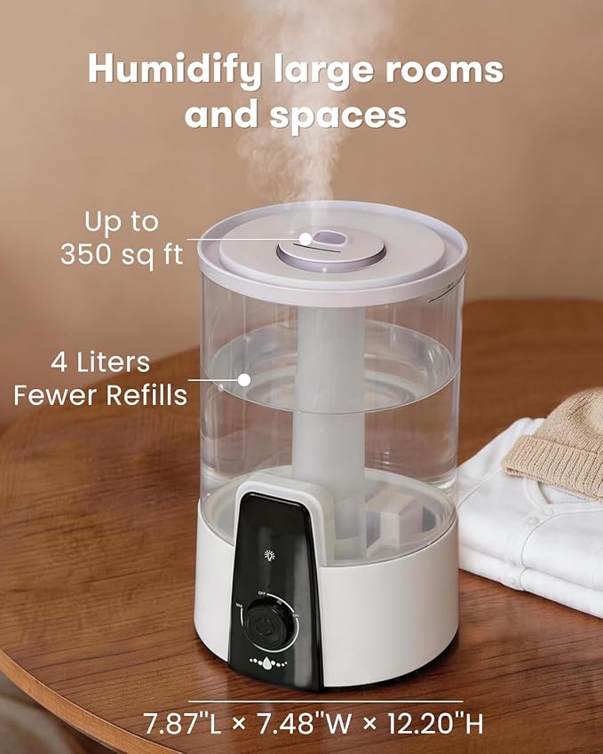 Nursery Humidifiers for Bedroom,1.06Gal(4L) humidifier for baby,3-in-1 Humidifier & Aroma Diffuser & Night Light,Dishwasher-Safe Tank Easy to Clean,Top Fill,360° Ultra-Fine Spray,Auto Shut-Off,White