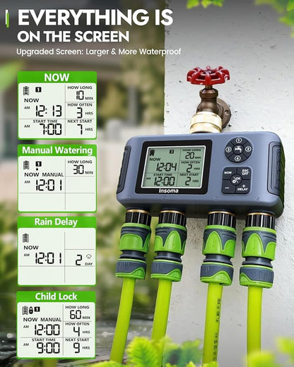 Insoma 4-Zone Water Timer for Garden Hose, Brass Inlet & Outlet | 4 Independent Zones, Programmable Schedules, Rain Delay/Manual Mode, IPX5 Waterproof, Large Display, for Garden, Lawn