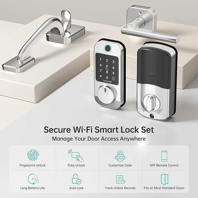 SMONET Smart Front Door Lock Set - Fingerprint Keyless Entry Door Lock Deadbolt with Handle Set Smart WiFi Deadbolt, Digital Keypad Auto Lockset with Code Fob App Compatible with Alexa Silver