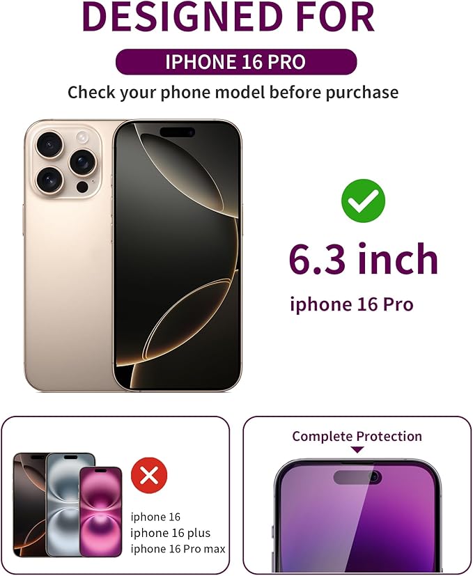 3 Pack Privacy Screen Protector for iPhone 16 Pro Tempered Glass 6.3inch Private Saver Anti-Spy Eye Protection Anti-Scratch Full Coverage