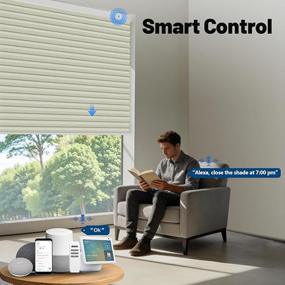 Motorized Cellular Shades with Remote, Blackout Smart Cellular Shades Compatible with Alexa, Cordless Honeycomb Window Blinds for Bedroom Home Office, Custom Size, Blackout Light Beige