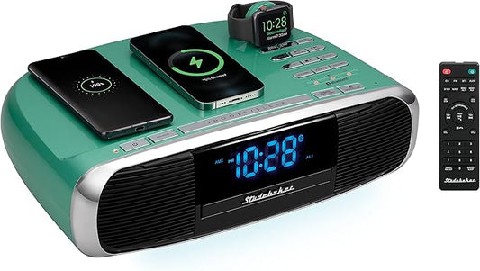 Studebaker Workstaton HiFi Music System with Bluetooth, FM Radio, CD, and Qi Wireless Charging Station (Teal)