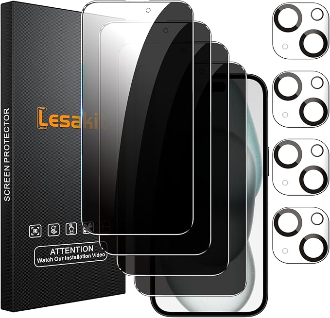 Lesakit 4+4 Pack Privacy Screen Protector for iPhone 15 Plus 6.7-Inch with 4 Pack Camera Lens Protector, Anti Spy Tempered Glass Film 9H Hardness Case Friendly