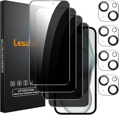 Lesakit 4+4 Pack Privacy Screen Protector for iPhone 15 Plus 6.7-Inch with 4 Pack Camera Lens Protector, Anti Spy Tempered Glass Film 9H Hardness Case Friendly