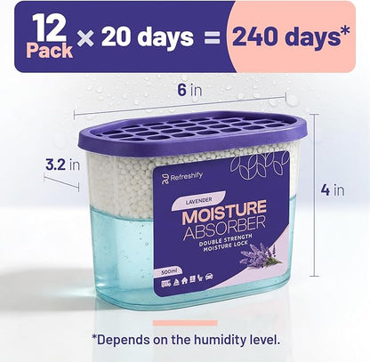 Premium Moisture Absorbers and Dehumidifier Tubs – High-Efficiency Closet Dehumidifier and Dehumidifier for Car, Odor Control Lavender, 12 Pack, 7.5 Oz
