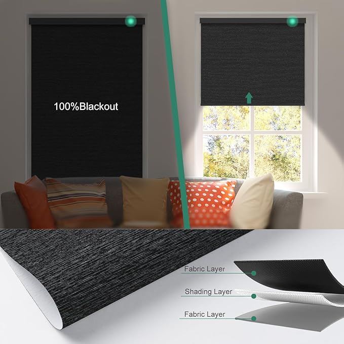 Motorized Blinds with Remote [100% Blackout & Silent Motor] Smart Blinds Compatible with Alexa Google HomeKit, Electric Roller Shades for Indoor Windows, Customized Size, Linear Nightfall
