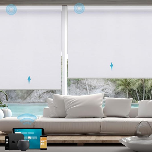 SmartWings Motorized Smart Blinds with Remote, Custom Automatic 100% Blackout Roller Shade Compatible with Alexa/Homekit/Google, Electric Smart Blinds for Indoor Windows, Essential White