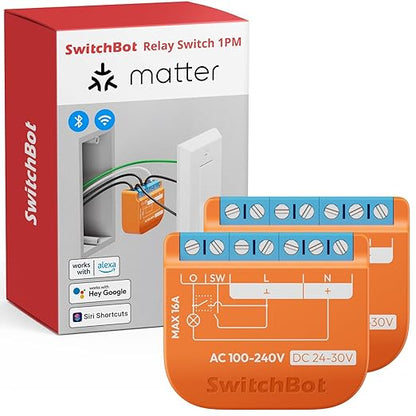 SwitchBot Matte Relay Switch 1PM, WiFi Switch Compatible with Alexa/Apple Home/Google Home, Power-Measuring Relay Switch Module with Integrated Bluetooth Repeater, Bluetooth & Wi-Fi 2.4 GHz, 16 A