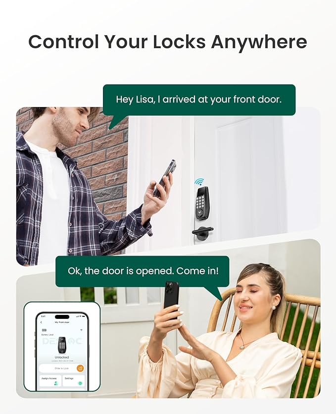 DESLOC C100 Plus Built-in WiFi Smart Lock with Handle Set, Built-in WiFi Keyless Entry Door Lock with Display, Keypad Deadbolt & Matching Lever Handle for Front Door, App Remote Control - Black