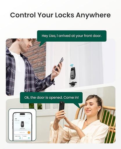DESLOC C100 Plus Built-in WiFi Smart Lock with Handle Set, Built-in WiFi Keyless Entry Door Lock with Display, Keypad Deadbolt & Matching Lever Handle for Front Door, App Remote Control - Black