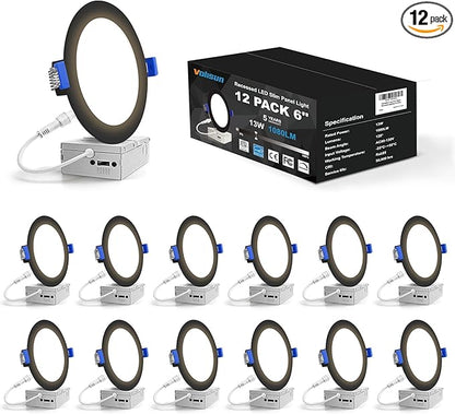 VOLISUN 12 Pack 6 inch Recessed Lighting, 5CCT LED Recessed Light Black, 2700K-5000K Selectable, 13W Eqv 120W, 1080LM Dimmable Canless Wafer Downlight, LED Ceiling Light ETL Certificated