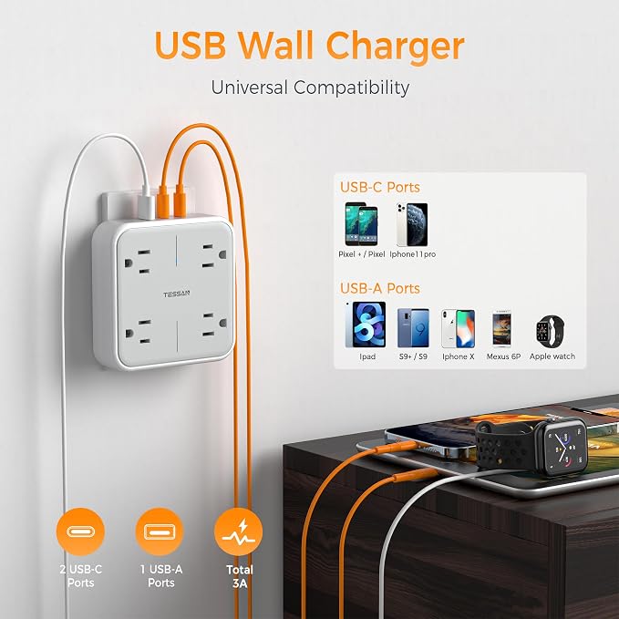 TESSAN Multi Plug Outlet Extender 4 Outlet Splitter | 3 USB Wall Charging Ports (2 USB C), Wide Spaced Multiple Expander Surge Protector for Office, Home, College Dorm Room, Gray