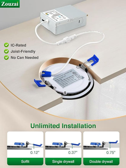 zouzai 1 Pack 8 Inch 1685LM Black 5CCT Ultra-Thin LED Recessed Ceiling Light with Junction Box, 2700K/3000K/3500K/4000K/5000K Selectable, 18W Eqv 150W, Dimmable - ETL and Energy Star Certified