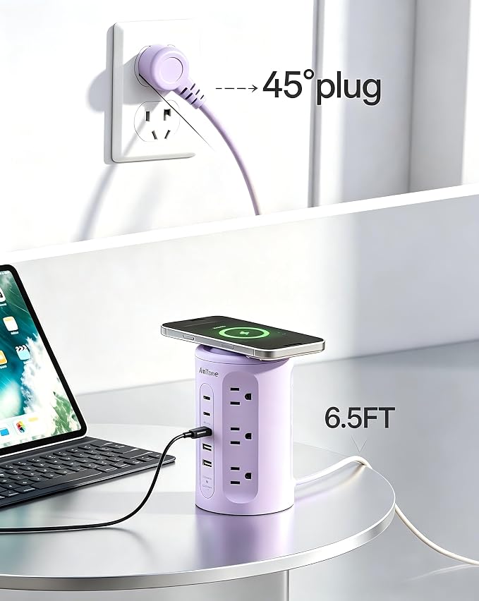 Power Strip Tower with USB Ports, 6.5 FT Extension Cord with Multiple Outlets (12AC+3A+2C) for Home Office Desk College Dorm Room Supplies