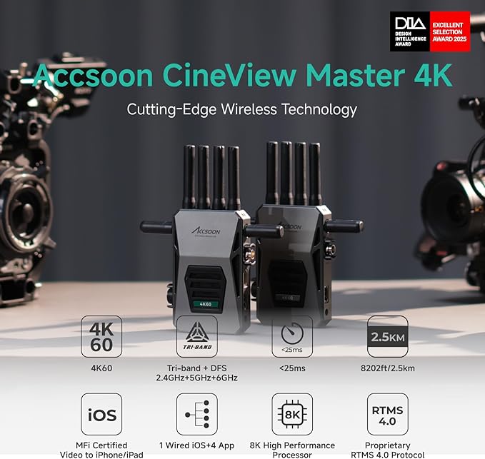 Accsoon CineView Master 4K SDI HDMI Wireless Video Transmitter&Receiver, Tri-Band 8202ft 25 ms LAT, 4K60/1080p60 1 Wired iOS+4 App Monitoring, Livestreaming Pair CineView 4K Lite/SE 4K/M7 Pro/M7H Pro
