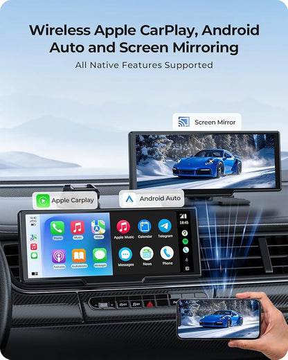 9.26" Carplay Screen with 4K Dash Cam & HD Backup Camera, Wireless Portable Car Play Screen for Apple CarPlay & Android Auto, OTA, Bluetooth 5.0, Mirror Link, Voice Control, GPS Navigation, FM