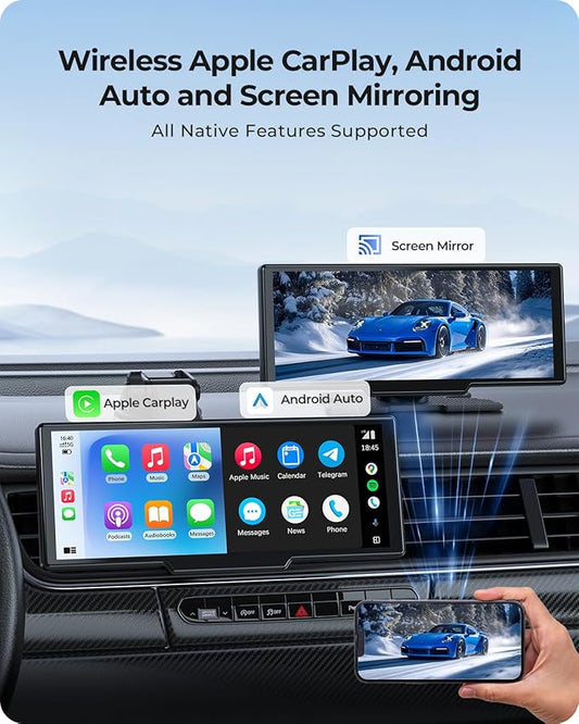 9.26" Carplay Screen with 4K Dash Cam & HD Backup Camera, Wireless Portable Car Play Screen for Apple CarPlay & Android Auto, OTA, Bluetooth 5.0, Mirror Link, Voice Control, GPS Navigation, FM