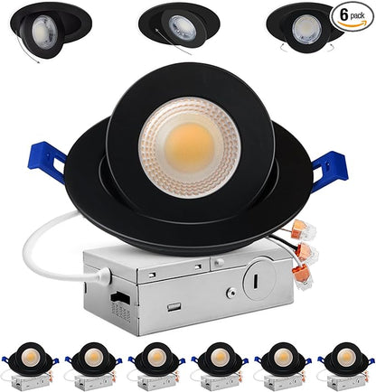 Adetu 4 inch 5CCT Gimbal Black Led Recessed Lights, 360°+90° Adjustable Directional Recessed Lighting, 2700K/3000K/3500K/4000K/5000K Dimmable Retrofit Eyeball Can Lights with Jbox, ETL(Black, 6 Pack)