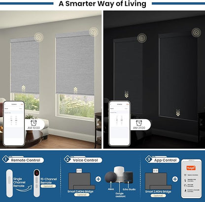 No Drill Motorized Blinds with Remote, Blackout Automatic Blinds with Solar Panel, Cordless Smart Electric Roller Shades for Windows, Grey, 30½ x 72