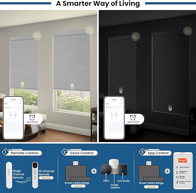 No Drill Motorized Blinds with Remote, Blackout Automatic Blinds with Solar Panel, Cordless Smart Electric Roller Shades for Windows, Grey, 43 x 72
