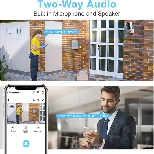 DCT Security Cameras Wireless Outdoor: WiFi Battery Cameras for Home Outside 2K Color Night Vision Motion Detection Surveillance Cameras Two-Way Audio Siren Alarm Spotlight(White)