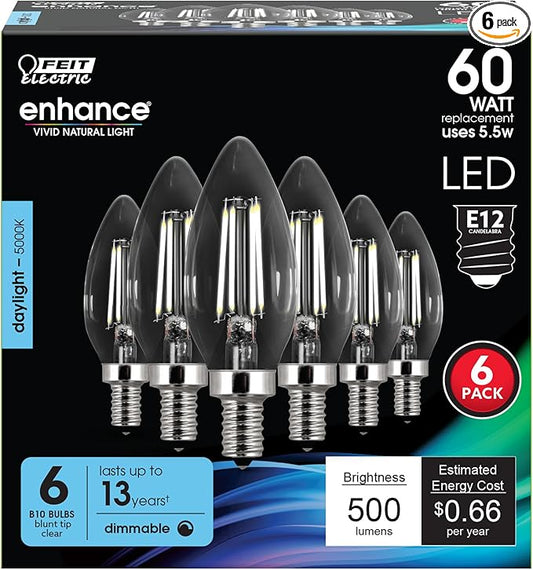 Feit Electric 60W Equivalent Candelabra LED Light Bulb, Dimmable, E12 Base, 5000K Daylight, B10 Filament Torpedo Tip Decorative Lighting Bulbs, 13-Year Lifetime, CTC60/950CA/FIL/6, 6-Pack