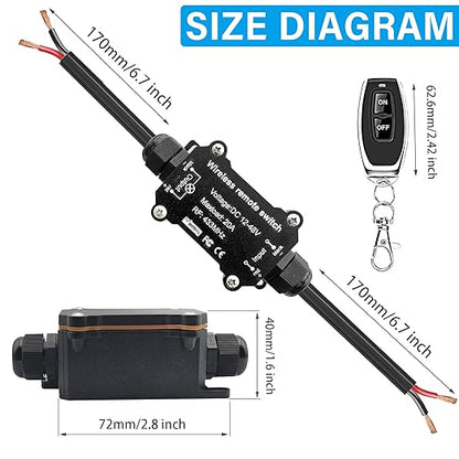 DC 12V 24V 48V Wireless Remote Control Switch,433MHz RF Relay Switch 20A Heavy Duty,IP67 Waterproof Receiver,164Ft Long Range Control for RV,Marine,Solar,Water Pump,Lights, Fans