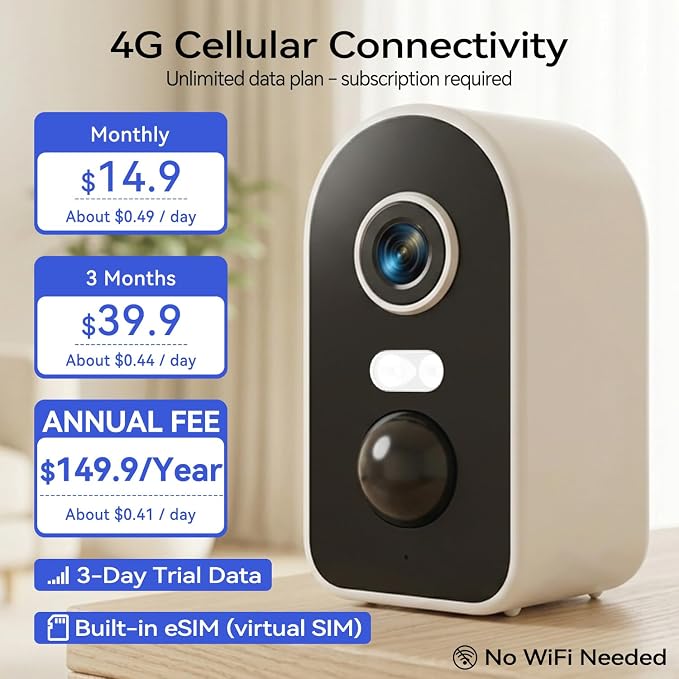 KKB 4G LTE Cellular Security Camera Magnetic Mount, No WiFi Security Cameras Indoor Built-in SIM, 2K Wireless Outdoor Off-Grid Battery Cameras for RVs/Travel/Camping, Subscription Required