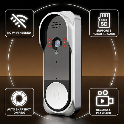 Wireless Video Doorbell, 130° Wide Angle, Infrared Night Vision, Two-Way Audio, No WiFi Needed, Supports Local SD Card Recording