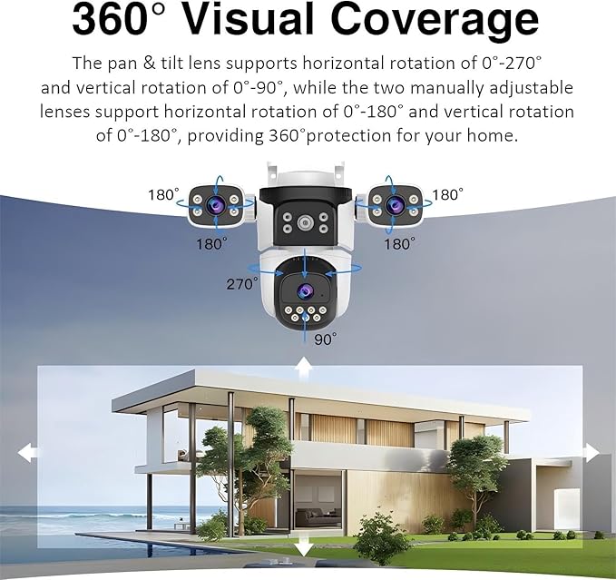 EVERSECU Triple Lens WiFi PTZ Security Camera, Three Cameras in One, Side Cameras with Adjustable All-Angle Arm, 2K 360° View No Blind Spot, Auto Tracking, Spotlight, 2 Way Audio