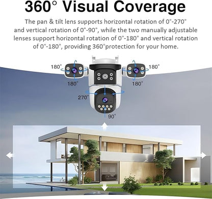 EVERSECU Triple Lens WiFi PTZ Security Camera, Three Cameras in One, Side Cameras with Adjustable All-Angle Arm, 2K 360° View No Blind Spot, Auto Tracking, Spotlight, 2 Way Audio