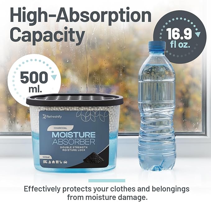 Premium Moisture Absorbers and Dehumidifier Tubs – High-Efficiency Closet Dehumidifier and Dehumidifier for Car, Odor Control Charcoal, 12 Pack, 7.5 Oz