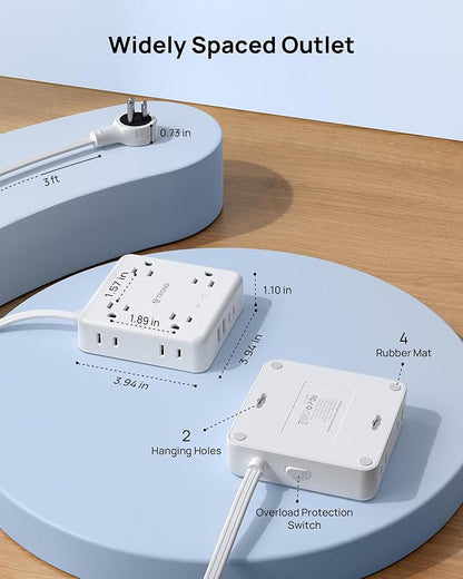TROND Power Strip, 360° Rotating Flat Plug, 8 Widely Spaced Outlets, 2U2C Ports, Flat Plug Extension Cord 3ft, 1440J Surge Protector, 1625W, White