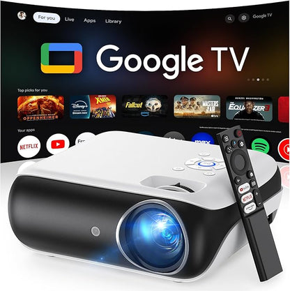 Official Licensed Google TV - HAPPRUN Native 1080P Outdoor Smart Projector | Google TV • 10K+ Apps • 4K Decoding • Dolby & AirPlay • Wi-Fi & Bluetooth • Outdoor Ready • Plug & Play • PS5 Compatible