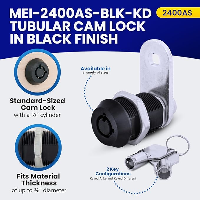 FJM Security MEI-2400AS-BLK-KD Tubular Cam Lock for Smart Home, Cabinet Locks Baby Proofing Solution, Door Lock & Drawer Lock for Home Improvement, with 5/8" Cylinder, Keyed Different, Black Finish