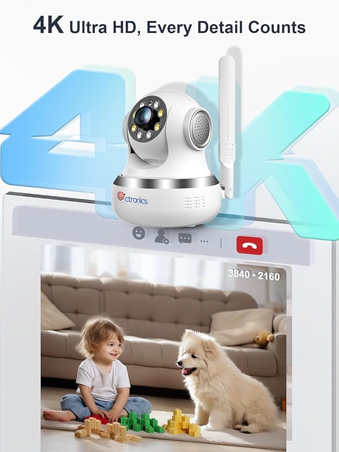 Ctronics 4K Security Camera Indoor, Dual-Band Wi-Fi, AI Human/Pet Detection with Auto Tracking, 20m Full-Color Night Vision, Sound & Light Alarm, 8 Preset Positions, App & PC
