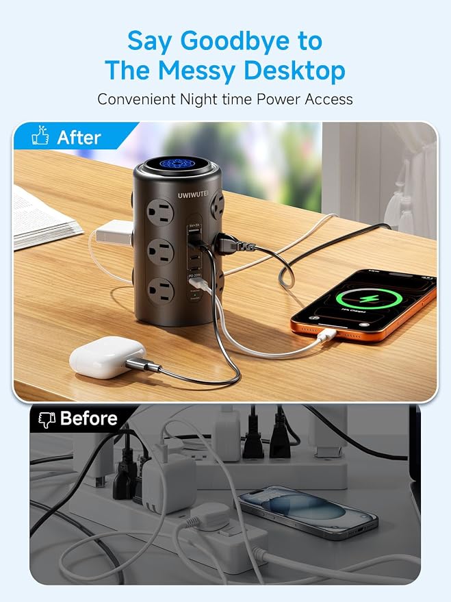 Tower Power Strip with Night Light,PD20W USB C Power Strip Tower with Multiple Outlets, 12 Outlets,5 USB Ports (3 USB-C), 6FT Extension Cord Desk Charging Station for Home,Office,Dorm Essentials,Black