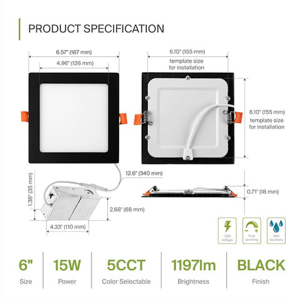 ASD 12 Pack LED Square Recessed Lighting 6 Inch, 5 CCT 2700K-5000K CRI90+, 15W 60W Eqv, Ultra Thin Dimmable Ceiling Lights with J Box, Canless Wafer Downlight, Slim Panel Light, UL Energy Star, Black