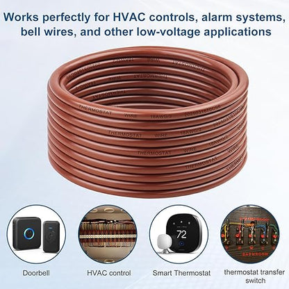 XRDS -RF 18AWG 2 Conductor Thermostat Wire 40FT – 18/2 Solid Copper Low Voltage Cable, Brown Doorbell Wire, 2 Conductor Cable for HVAC Systems, Heating, Air Conditioning, Doorbell, Alarm