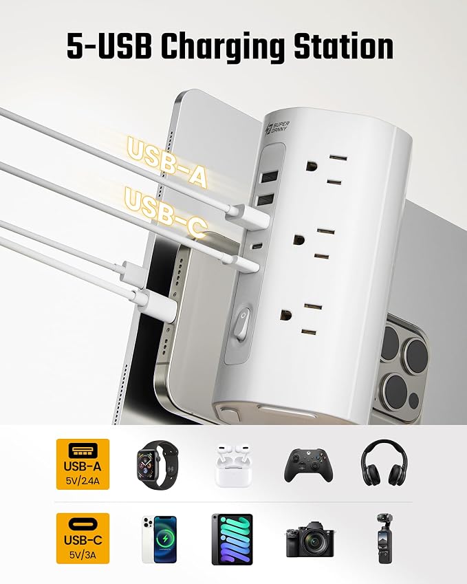 SUPERDANNY Tower Power Strip, 10Ft Extension Cord, 1700J, 12 AC 5 USB,White | 3 USB A, 2 USB C, Surge Protector Power Tower, Flat Plug, Desk Charging Station with Multiple Outlets, Home Office Dorm Room