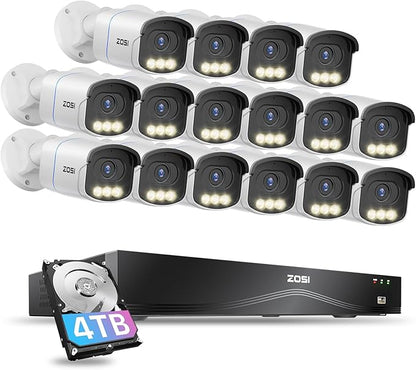 ZOSI 4K 16CH PoE Security Camera System, 16pcs 4K C186 Aurora Lux PoE Cameras Outdoor, True Full Color Night Vision, Person Vehicle Detection, 2 Way Audio, 8MP 16CH NVR with 4TB HDD for 24/7 Recording