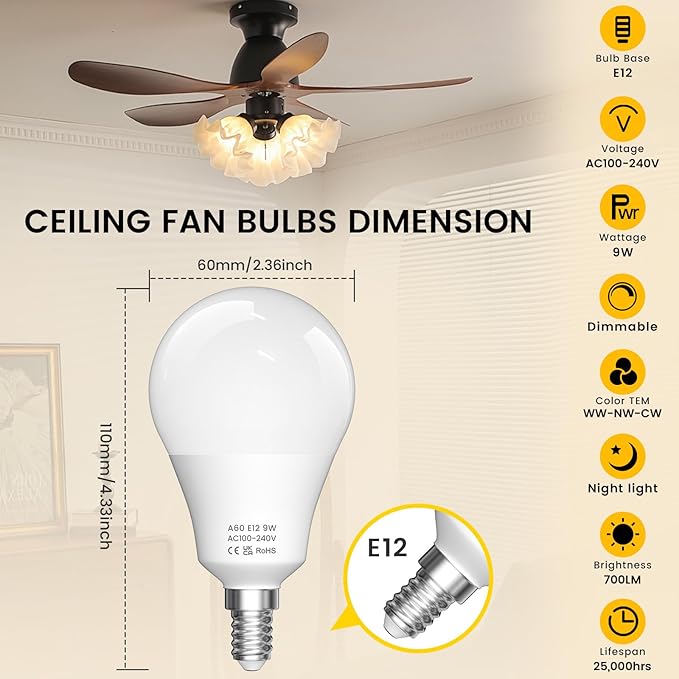 E12 LED Candelabra Light Bulbs with Remote Control, Stepless Dimmable 3000K-6000K, 9W(100W Equivalent), E12 Base, Timer & Night Light, 3Bulb & 1Remote for Bedroom, Ceiling Fan, Chandelier