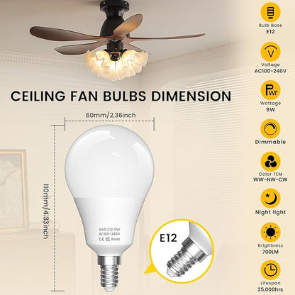 E12 LED Candelabra Light Bulbs with Remote Control, Stepless Dimmable 3000K-6000K, 9W(100W Equivalent), E12 Base, Timer & Night Light, 3Bulb & 1Remote for Bedroom, Ceiling Fan, Chandelier