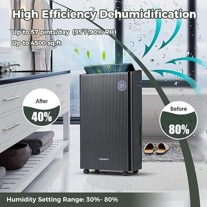 COSTWAY 4,500 Sq. Ft Dehumidifier for Basement, 3-Color Humidity Indicator, Dry Clothes Mode, 12" Drain Hose & Wheels, 57 Pints Dehumidifier for Large Room (Black)