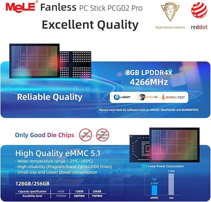 MeLE PCG02 Pro Fanless N100 Mini PC Stick 8GB LPDDR4x 256GB eMMC Win11pro Slim Micro Computer Stick Dual HDMI 4K Display WiFi 5 BT5.1 GbE, Support PD3.0 Protocol, on IoT, Digital Signage, MES, WMS