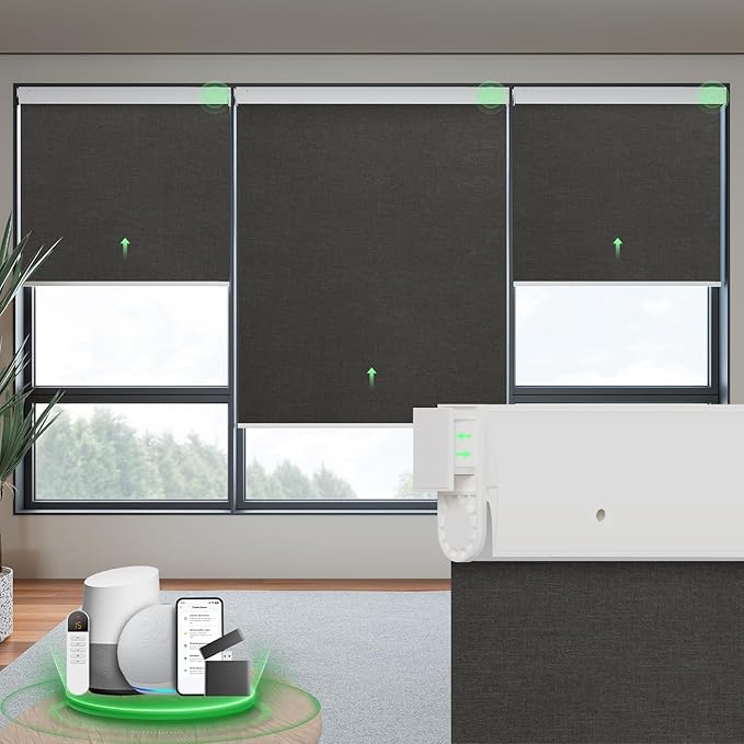 Motorized Blinds with Remote, Blackout No Drill Cordless Smart Roller Shades, Automatic Blinds for Windows, Black,35" W x 72" H