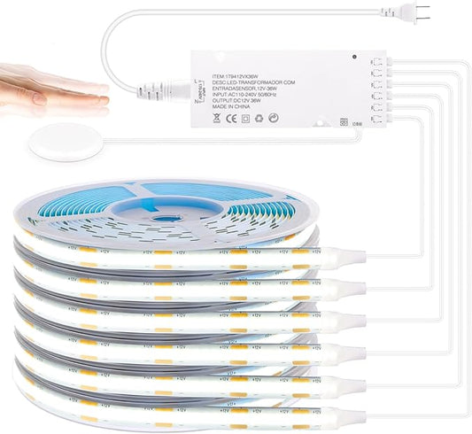 12V White COB LED Strip Light Kit-6pcs 3.3FT Self-Adhesive LED Strip Parallel with Dimmable Touch Sensor Switch, Led Light Strip for Wood Slat Wall Panels, Home decor, Under Cabinet Strip Light